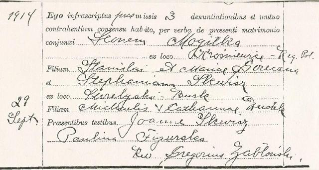 Leon Mogilka & Stefania Skwisz Marriage Record from St Stanislaus Church