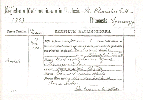 Marriage Record of Michael Godek & Ludwika Galica from St Stanislaus Parish Records Chicopee, Massachusetts