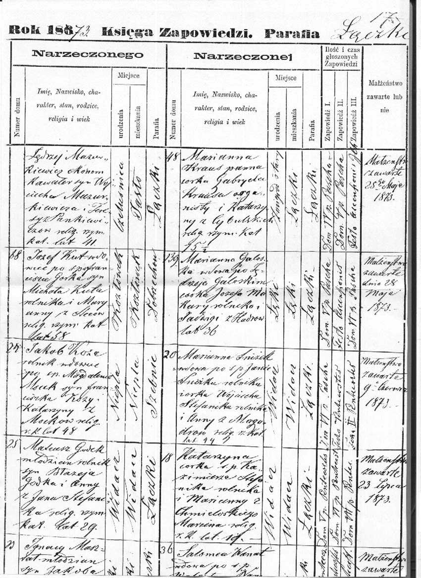 Marriage Record - Matusez Godek & Katarzyna Stefanik - July 23, 1873