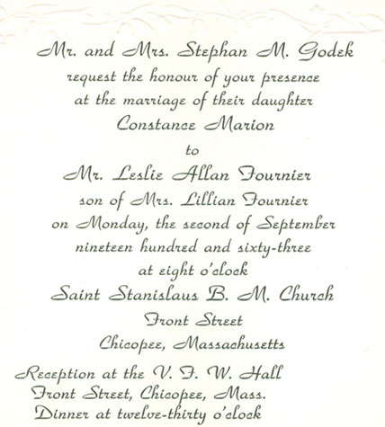 Wedding Invitation of Leslie Fournier and Constance Godek - September 2, 1963